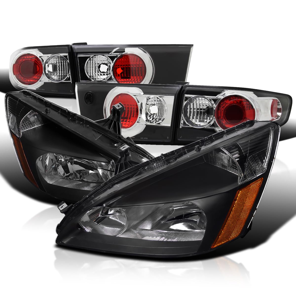 Spec-D Tuning Black Headlights & Tail Lights Brake Lamps 4Pc Set for 2003-2005 Honda Accord 4 Door Sedan - Left & Right Pair - Upgrade Your Car's Style & Visibility for Night Driving