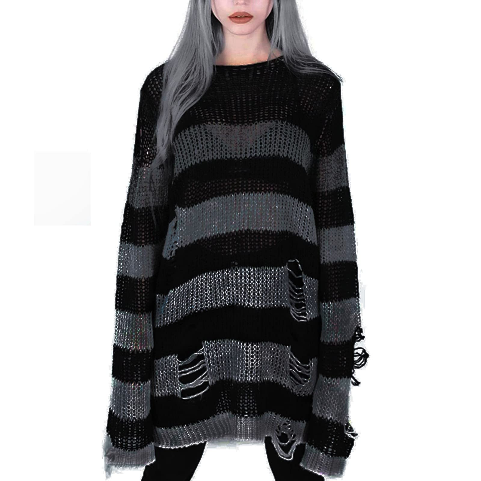 Gothic Punk Sweater for Women - Long Hollow Out Knit Cardigan with Distressed Hole Details | Perfect for Layering, Casual Outfits, and Gothic Fashion Styles