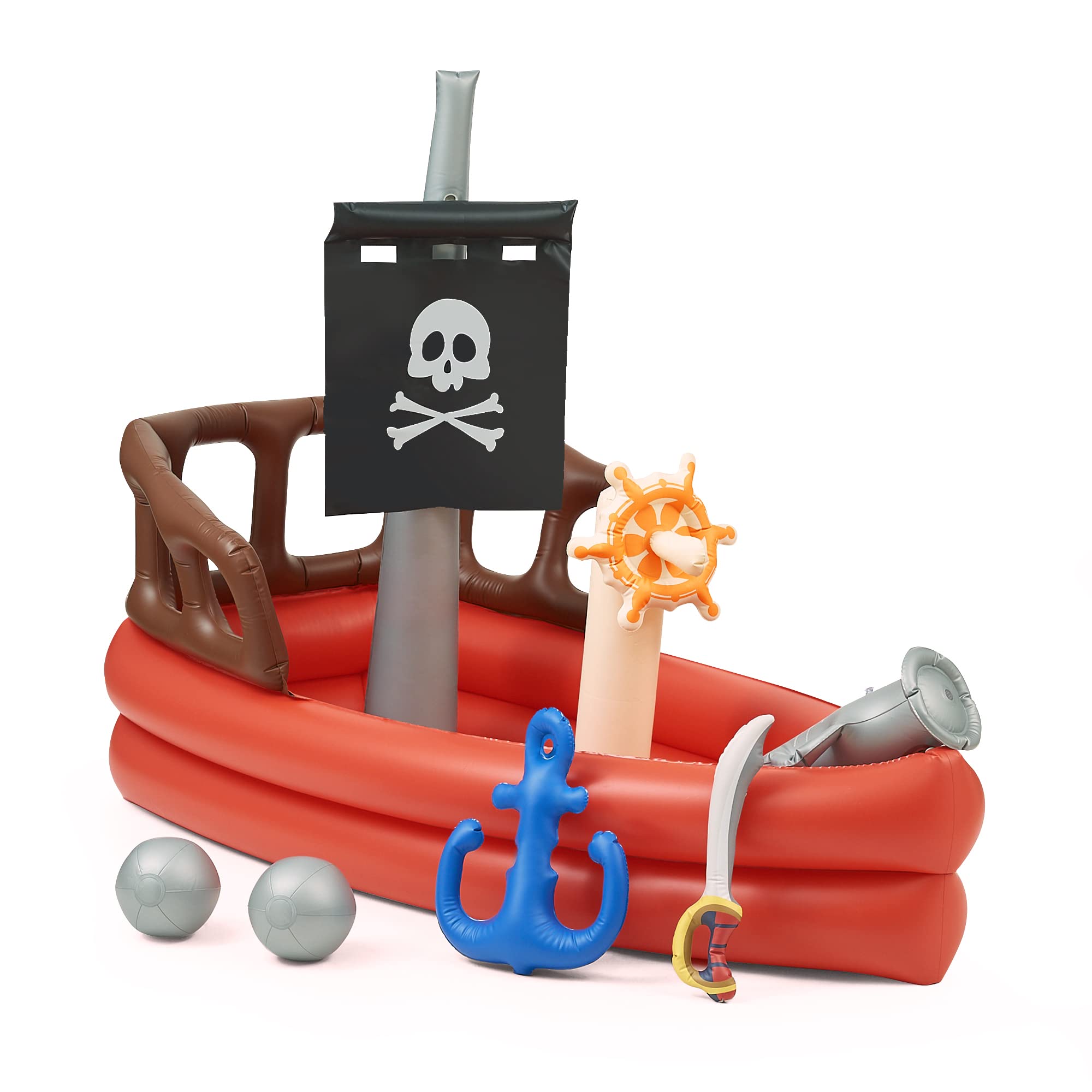 Teamson Kids Inflatable Pirate Ship Water Play Pool with Air Pump, Beach Balls & Accessories - Outdoor Sprinkler Splash Pad for Backyard, Beach & Summer Fun - Red