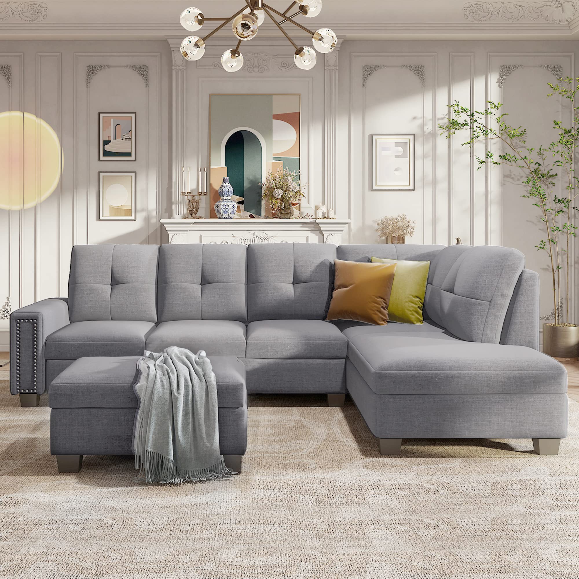 P PURLOVE L-Shaped Sectional Sofa with Reversible Chaise Lounge, Storage Ottoman & Cup Holders - Modern Living Room Furniture Set with Nail Head Trim in Light Gray | Perfect for Small Spaces, Apartments & Cozy Home Decor