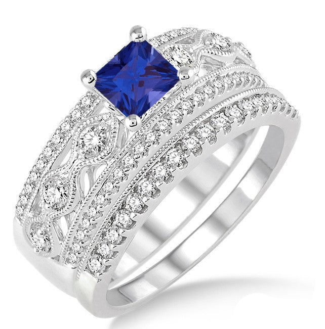 1.5 Carat Vintage Sapphire & Moissanite Diamond Engagement Ring Set in 10k White Gold - Perfect for Bridal, Wedding, Anniversary & Special Occasions