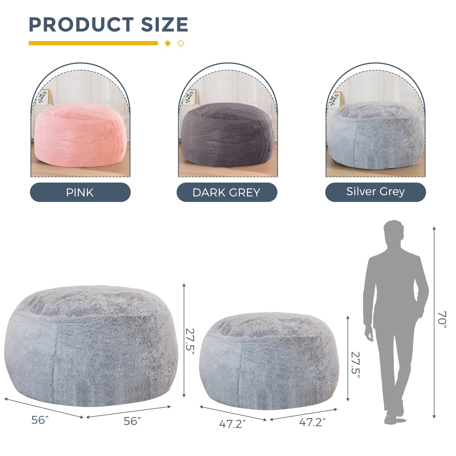 Premium Large Bean Bag Chair - Soft Faux Fur Lounger for Adults & Teens - Comfortable Lazy Sofa for Living Room, Bedroom, Dorm - Grey - Perfect for Relaxing, Gaming & Movie Nights