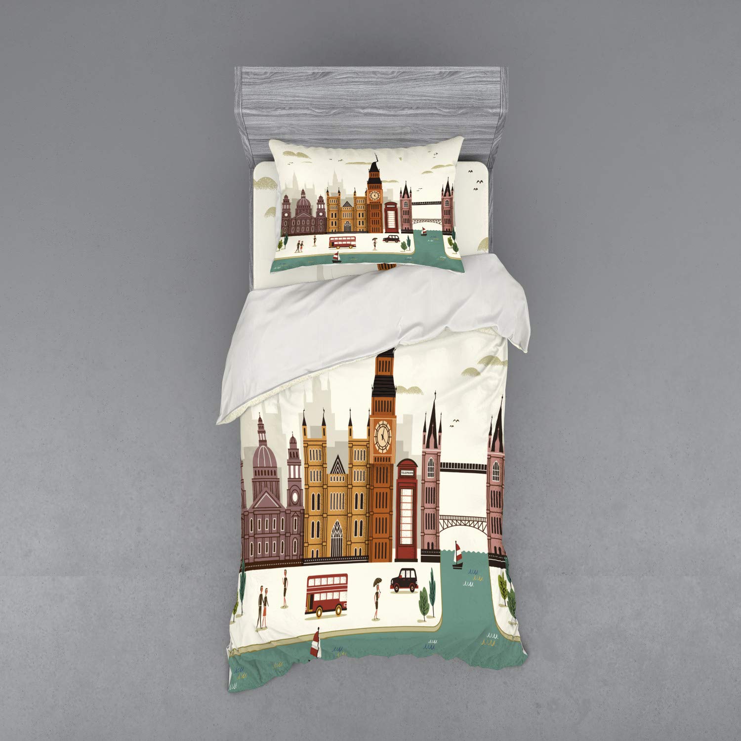 Ambesonne London Duvet Cover Set - Big Ben & Telephone Booth Travel Scenery Bedding | 3-Piece Twin XL Size with Sham & Fitted Sheet | Perfect for UK-Themed Bedrooms & Travel Enthusiasts