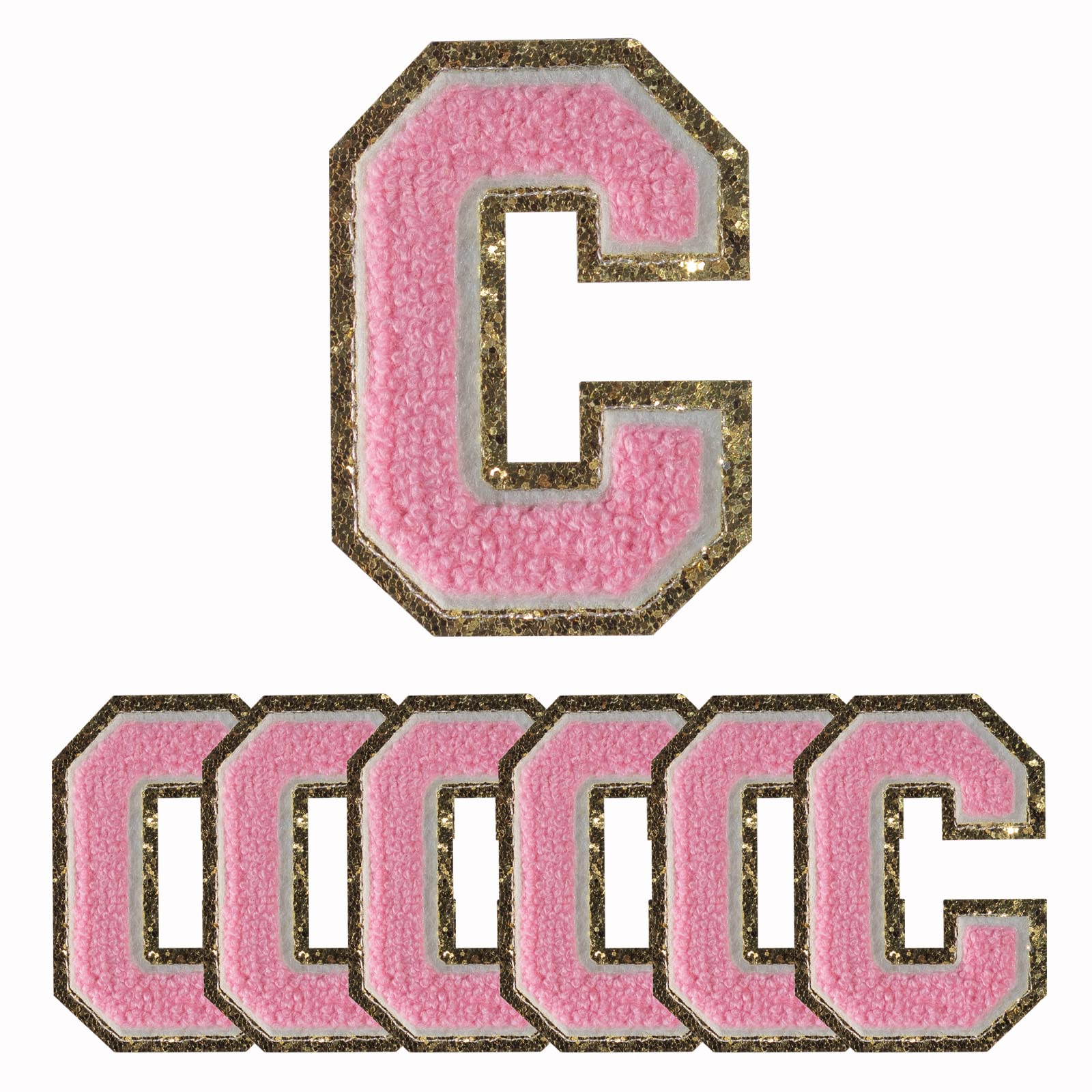 6 PCS Pink Gold Glitter Chenille Letter Patches - Embroidered Iron On Letters for Hats, Shirts, Shoes, Jeans & Bags (3.1in Height Letter C) - Perfect for DIY Crafts, Custom Apparel & Personalized Gifts