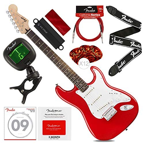 Fender Squier Bullet Strat HT 6-String Electric Guitar Hard Tail - Fiesta Red with Tuner, Strings, Picks - Complete Beginner Starter Kit for Rock, Blues & Practice at Home