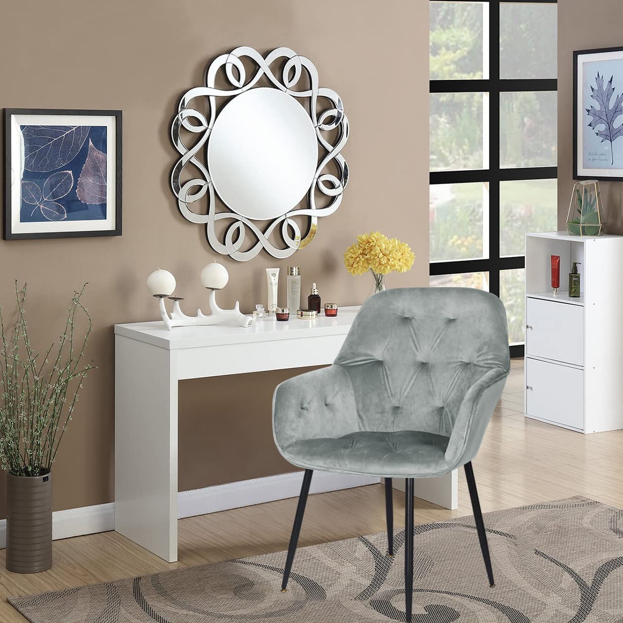 Velvet Dining Chairs Set of 2 - Mid Back Tufted Accent Arm Chairs with Black Metal Legs - Modern Upholstered Leisure Chairs for Living Room, Home Office, Dining Room & Desk (Grey) - Perfect for Small Spaces, Apartments and Cozy Reading Nooks