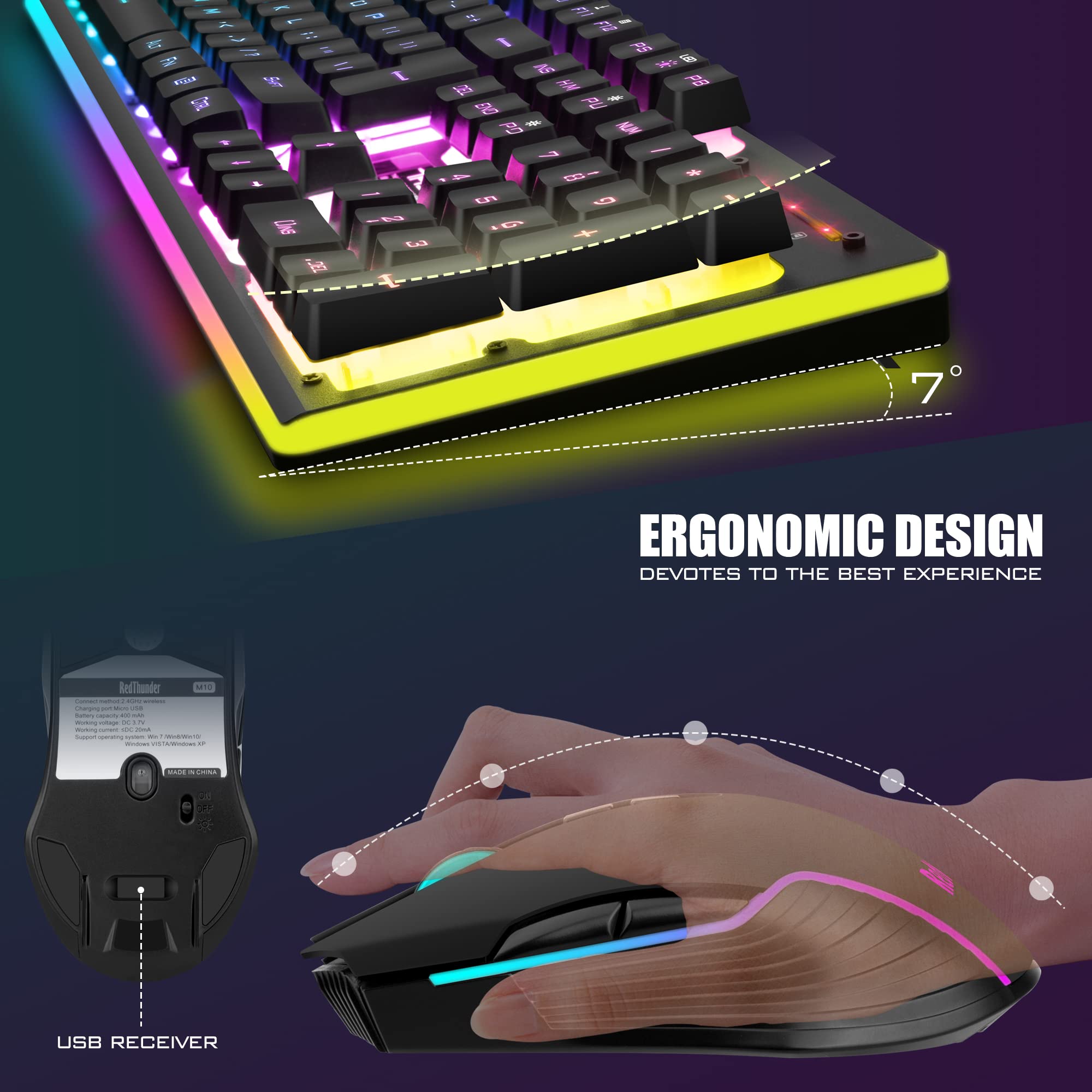 RedThunder K10 Wireless Gaming Keyboard & Mouse Combo - LED Backlit, Rechargeable for PC Gamers - Perfect for Esports & Late-Night Gaming
