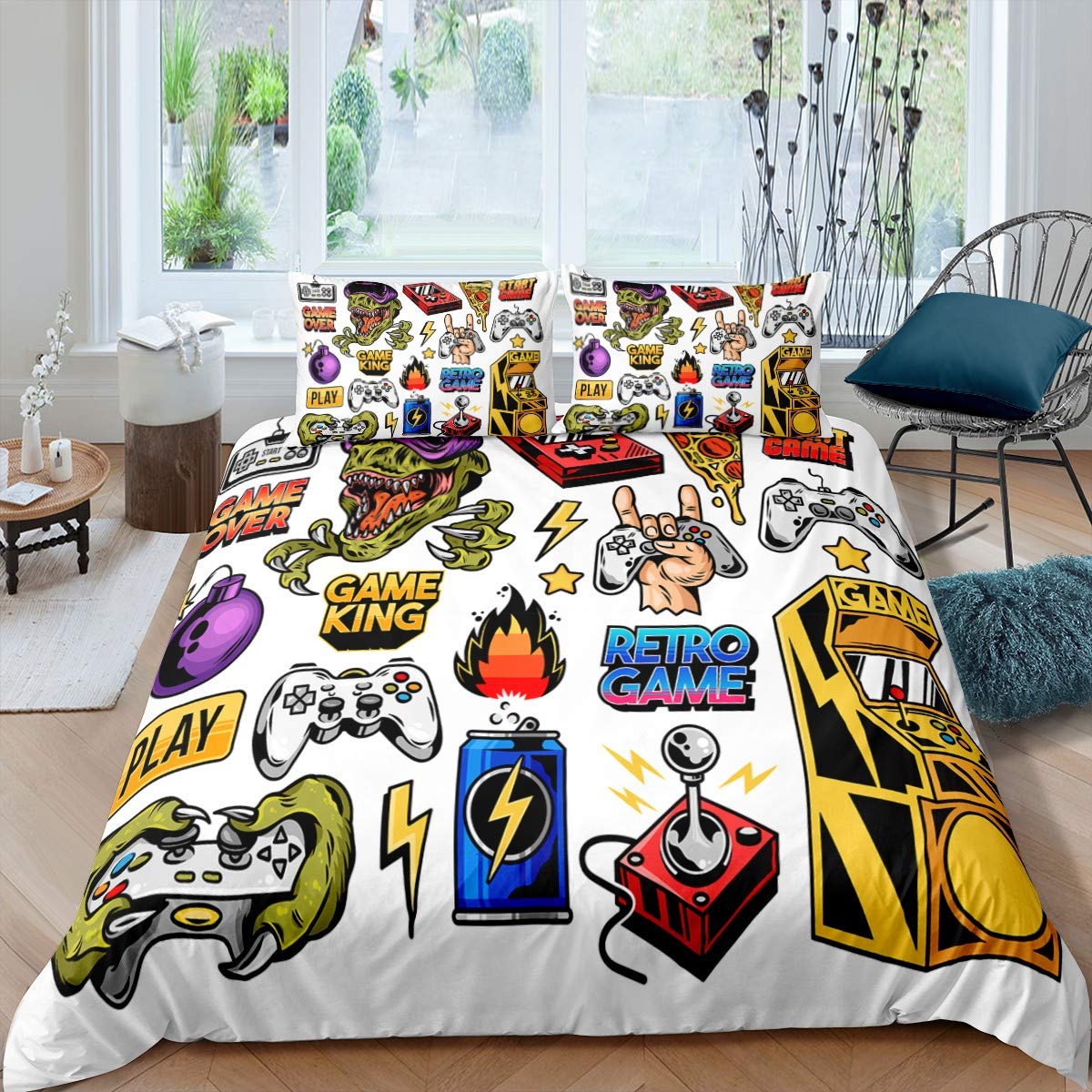 Feelyou Video Game Duvet Cover Set - Twin Size 2-Piece Bedding with Pillowcase | Game Controller & Monster Print for Kids, Teens & Gamers | Perfect for Gaming Room Decor & Themed Bedrooms