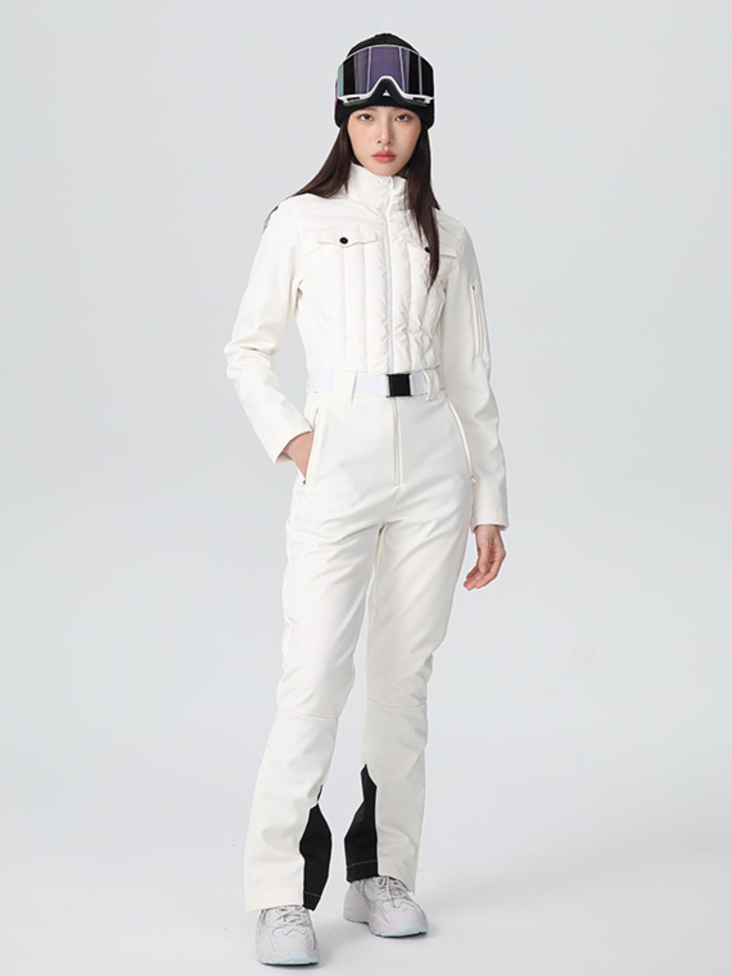 Women's Insulated Down Slim Snowboard Jumpsuit - Waterproof Winter Ski Suit with Stand Collar & Elastic Belt | Warm One-Piece Snowsuit for Skiing, Snowboarding & Cold Weather Outdoor Activities