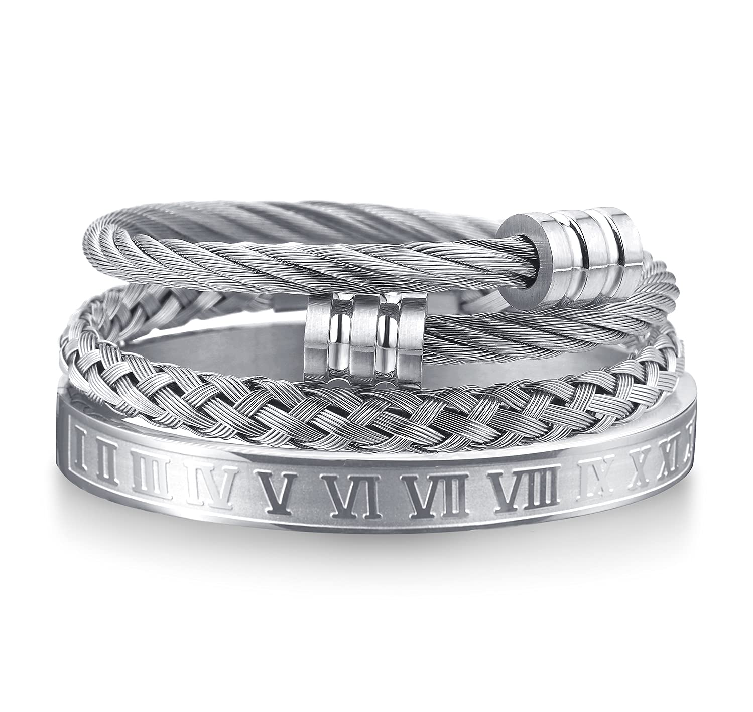 WFYOU 3PCS Stainless Steel Bracelets for Men - Gold Roman Numeral & Adjustable Cuff Bracelets - Luxury Mens Jewelry Gifts for Birthday, Anniversary, Wedding & Everyday Wear