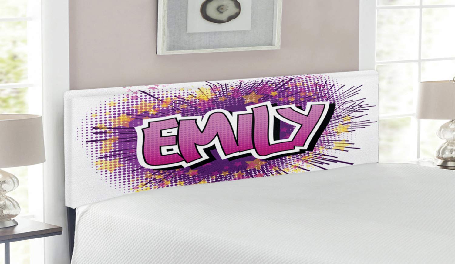 Ambesonne Emily Upholstered Queen Size Headboard with Memory Foam - Pop Cartoon Design in Pale Yellow Fuchsia | Decorative Metal Bed Frame for Modern Bedrooms & Kids Rooms