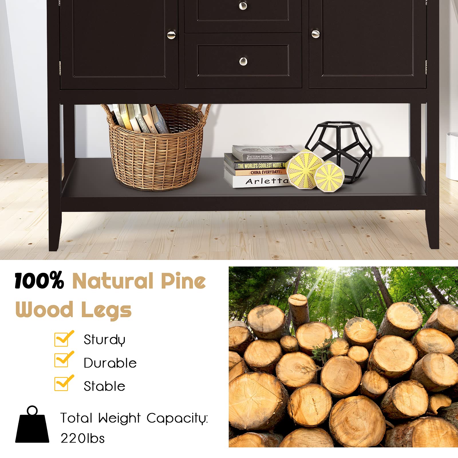 Solid Wood Buffet Sideboard Cabinet with 2 Drawers & 2 Storage Compartments - Modern Kitchen Buffet for Dining Room & Living Room - Perfect for Entertaining, Displaying China, Organizing Tableware - Ideal for Home Decor, Dinner Parties & Holiday Storage