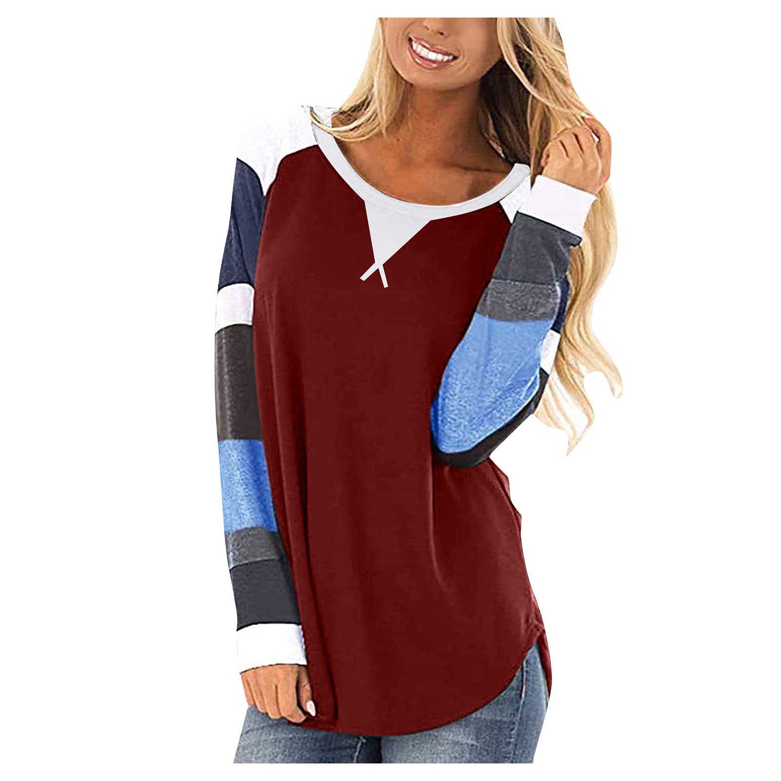 ONHUON Women's Long Sleeve Color Block Round Neck Sweatshirt - Casual Pullover Top for Everyday Wear, Work & Outfits