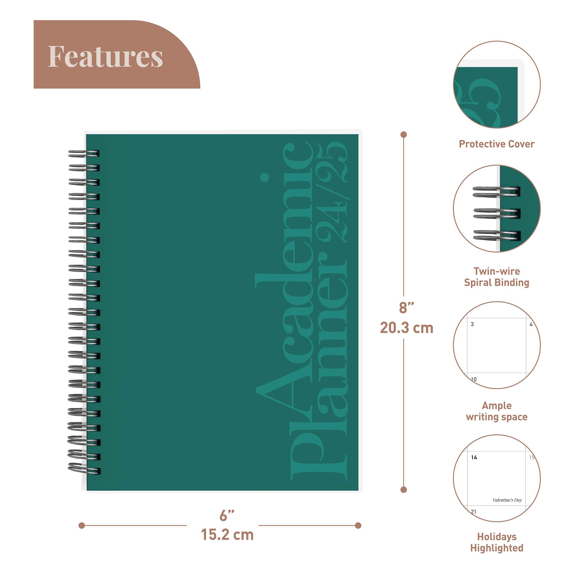 Riley's 2024-2025 Academic Planner - 18-Month Weekly & Monthly Organizer with Twin-Wire Binding, Notes Pages & Durable Cover (21x15cm, Dark Green) - Perfect for Students, Teachers & Professionals