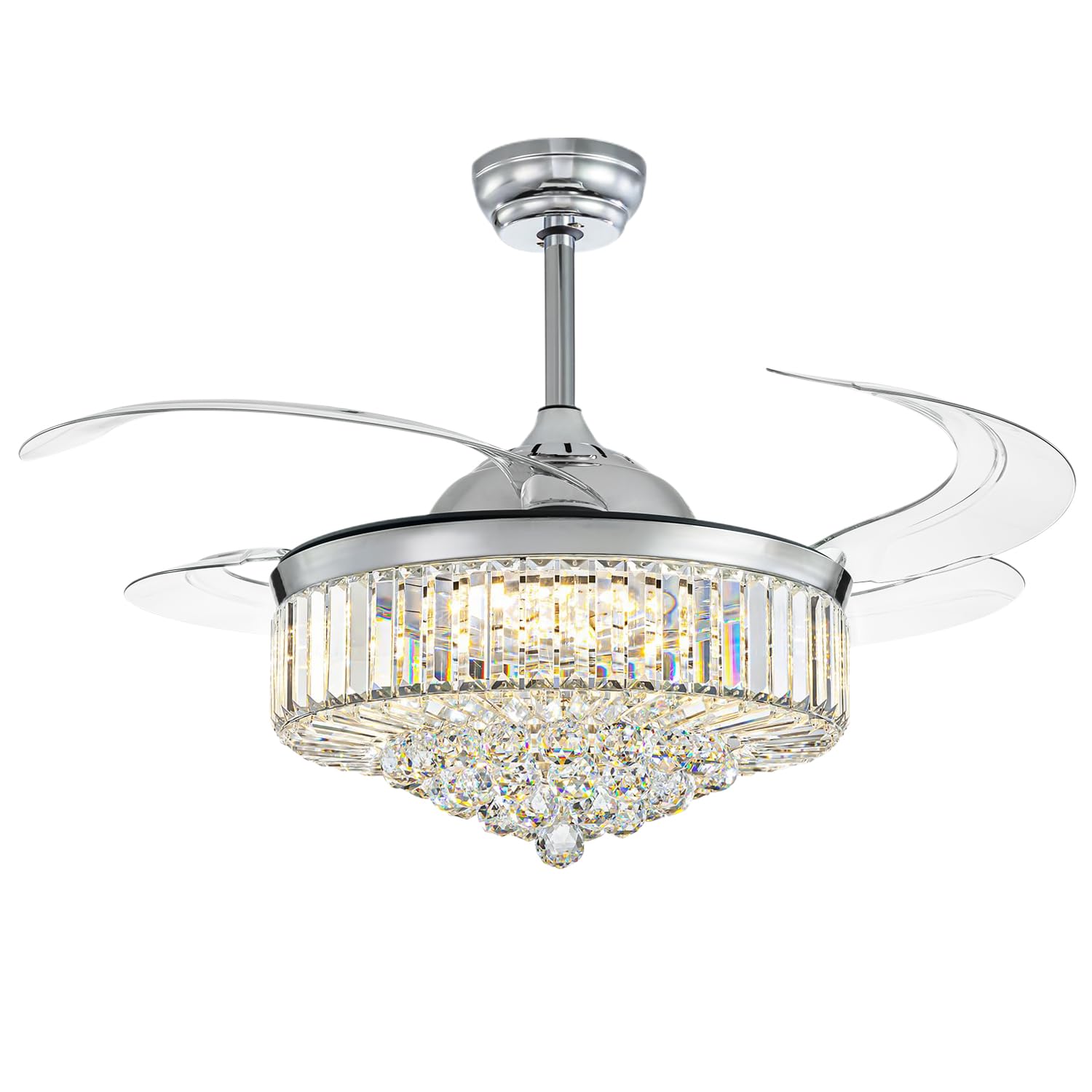 Moooni Modern 48 Inch Dimmable Crystal Ceiling Fan with Retractable Blades, Remote Control & LED Light Kit - Polished Chrome for Bedroom, Living Room & Dining Room
