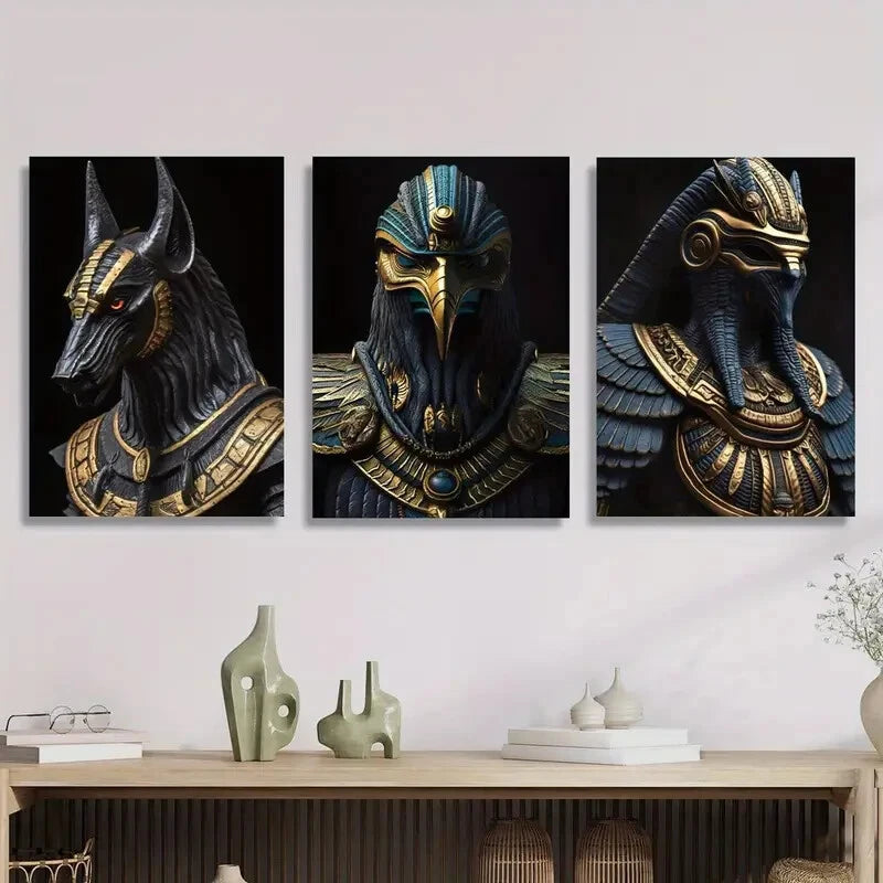 3PCS Egyptian Mythology Golden Pharaoh & Anubis Metal Wall Art - Premium Ready to Hang Decor for Living Room, Bedroom & Office
