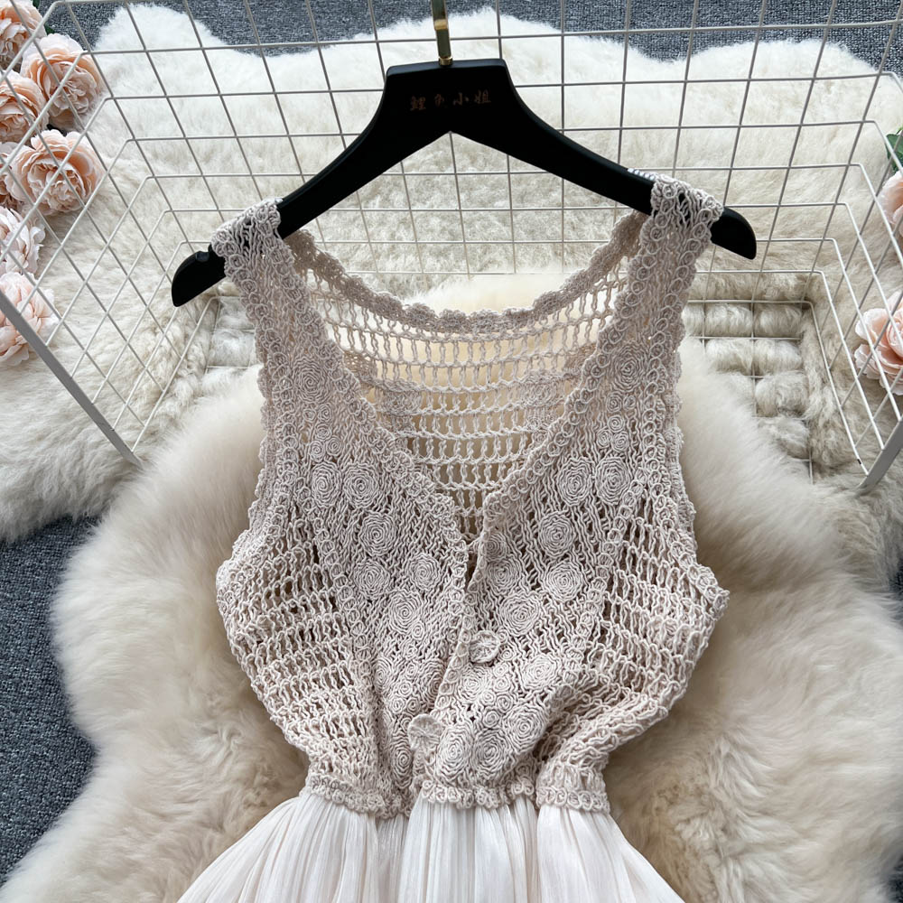 Women's Knitted Vest Dress - Summer V Neck Hollow Mesh Skirt with Belt | Casual Boho Chic Outfit for Beach, Vacation & Date Night
