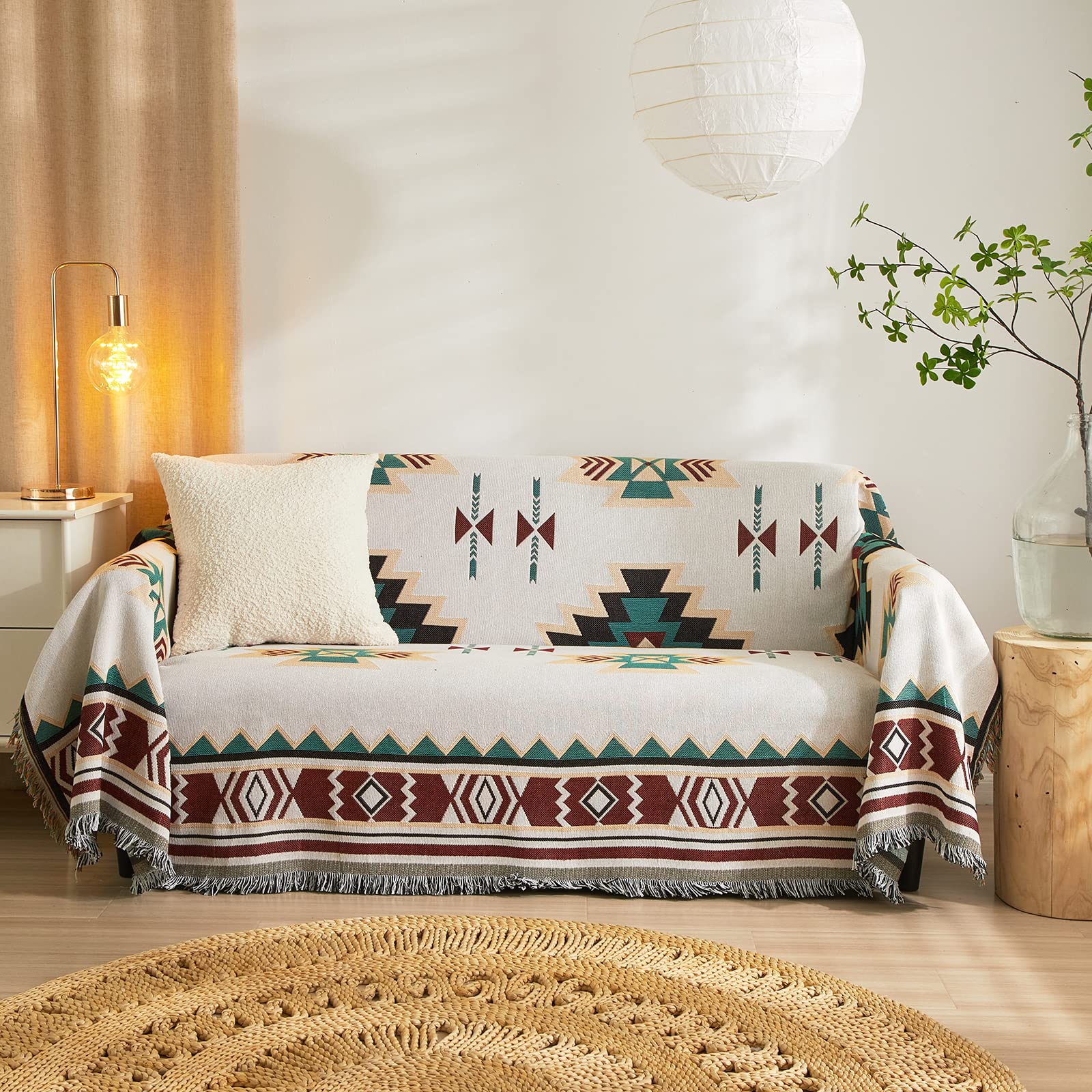ROOMLIFE Reversible Bohemian Knit Sofa Cover - 2-Sided Stretchable Couch Slipcover 71x102 Inches, Universal Fit for Couches & Pet Protection - Perfect for Living Room Decor & Dog-Friendly Furniture