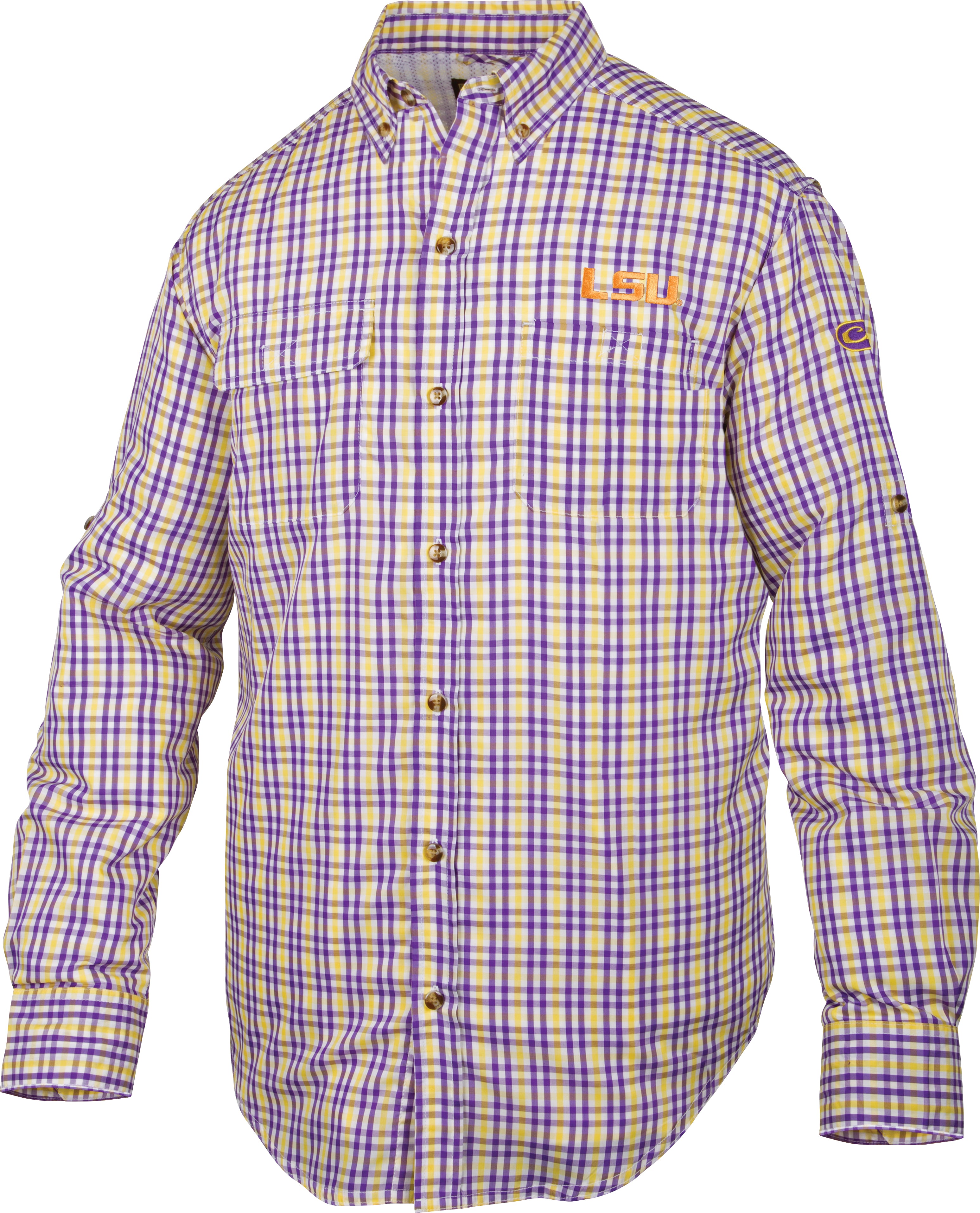 LSU Gingham Plaid Long Sleeve Hunting Shirt for Men - Breathable Outdoor Camo Shirt for Hunting, Fishing & Casual Wear
