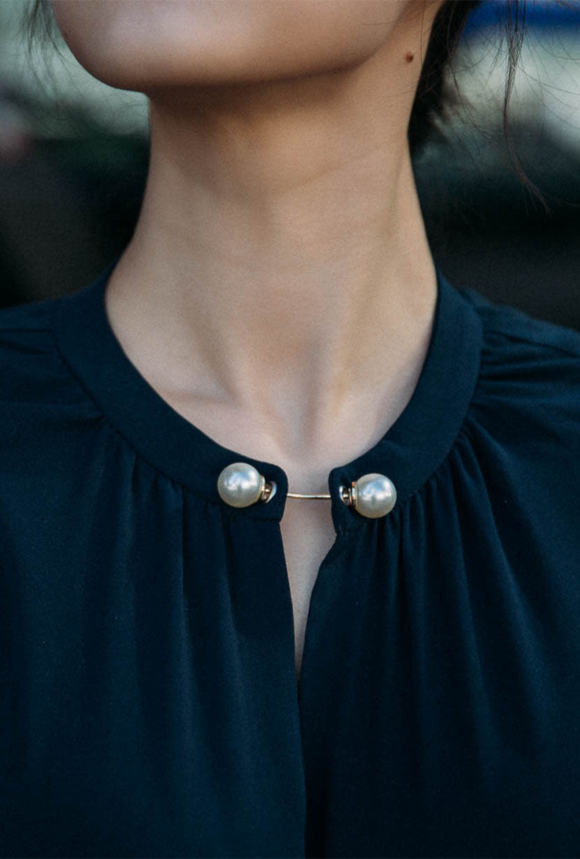 Buvette Pearl Blouse for Women - Elegant Navy Blue Tops with Pearl Details | Perfect for Office Wear, Date Night & Special Occasions