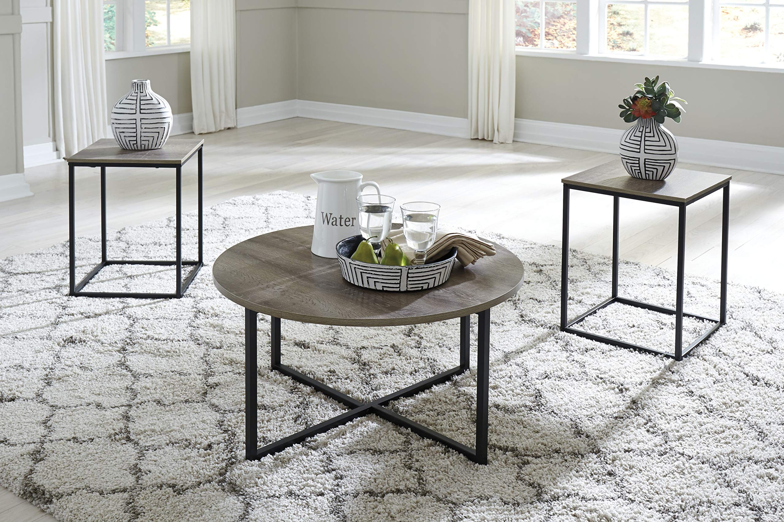 Signature Design by Ashley Wadeworth Urban Wood Grain 3-Piece Coffee Table Set - 1 Coffee Table & 2 End Tables in Brown & Black - Perfect for Living Room, Lounge & Home Decor