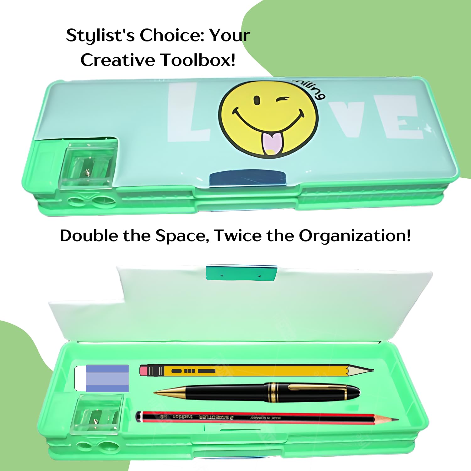 Magnetic Geometry Box with Sharpener - Smiley Printed Multipurpose Pencil Case for School, Compass & Dual-Side Storage - Light Green Pencil Box for Boys & Girls | Perfect for Math Class, Art Projects & School Supplies Organization
