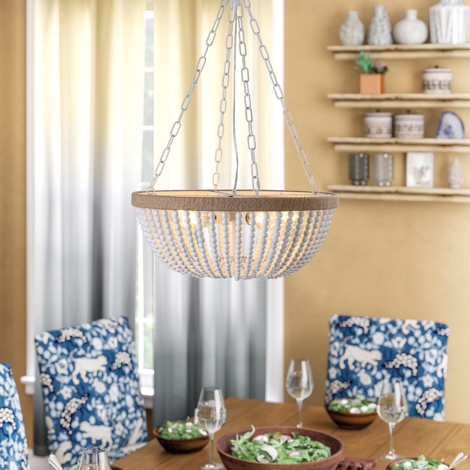 Bohemian Style Wood Beaded Chandelier - Handcrafted Oak Wood Pendant Light with White Beads | Perfect for Living Room, Bedroom, or Dining Room Decor