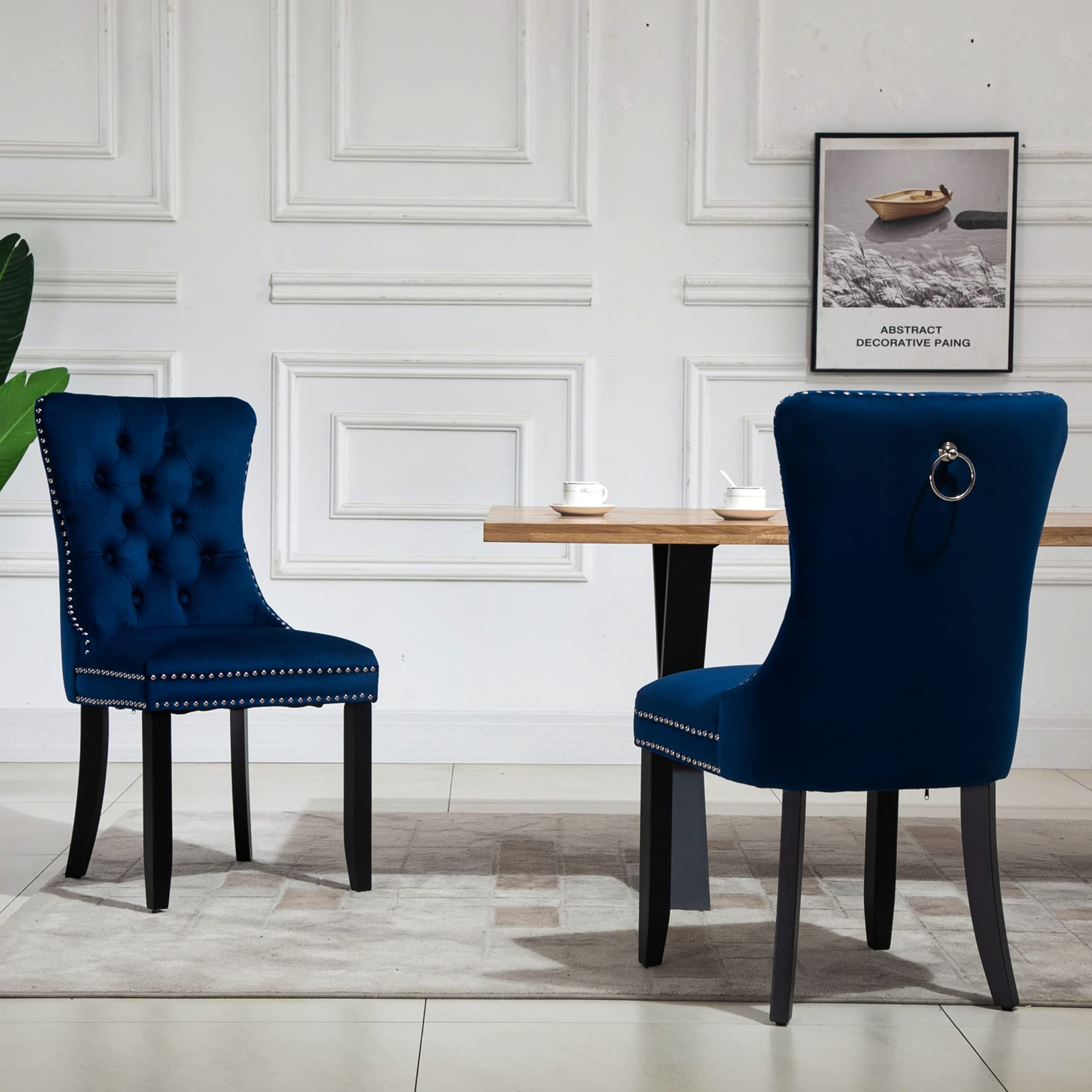 Set of 2 Blue Velvet Upholstered Dining Chairs with Nailhead Trim & Pull Ring - Elegant Accent Chairs for Dining Room, Kitchen, or Home Office Decor