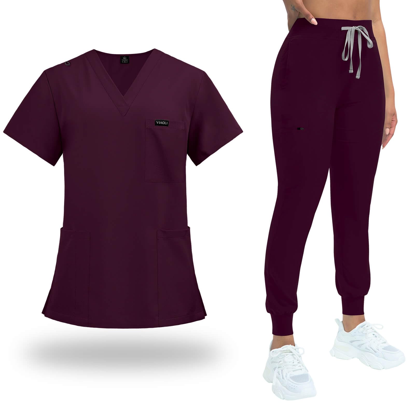 VIAOLI Women's Classic V-Neck Scrub Top & Yoga Jogger Pants Set - Comfortable Medical Nursing Uniform for Healthcare Professionals - Perfect for Hospitals, Clinics & Long Shifts