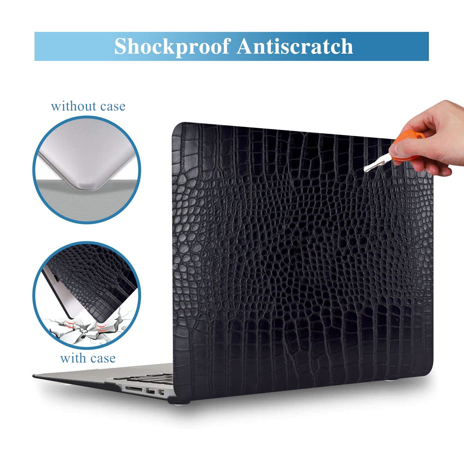 Premium Crocodile Skin PU Leather Hard Shell Case for MacBook Air 13-inch (2022-2018 M1 A2337 A2179 A1932) - Protective Cover with Keyboard Protector - Perfect for Work, Travel & Daily Use - Black Alligator Design