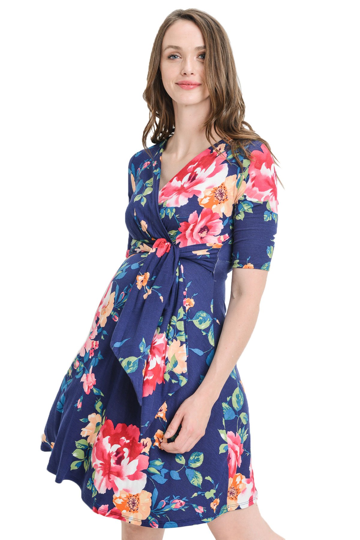 HELLO MIZ Women's Maternity Short Sleeve Wrap Dress - Knee Length Nursing Dress for Pregnancy & Baby Shower - Perfect for Maternity Photos, Bridal Shower & Summer Outfits
