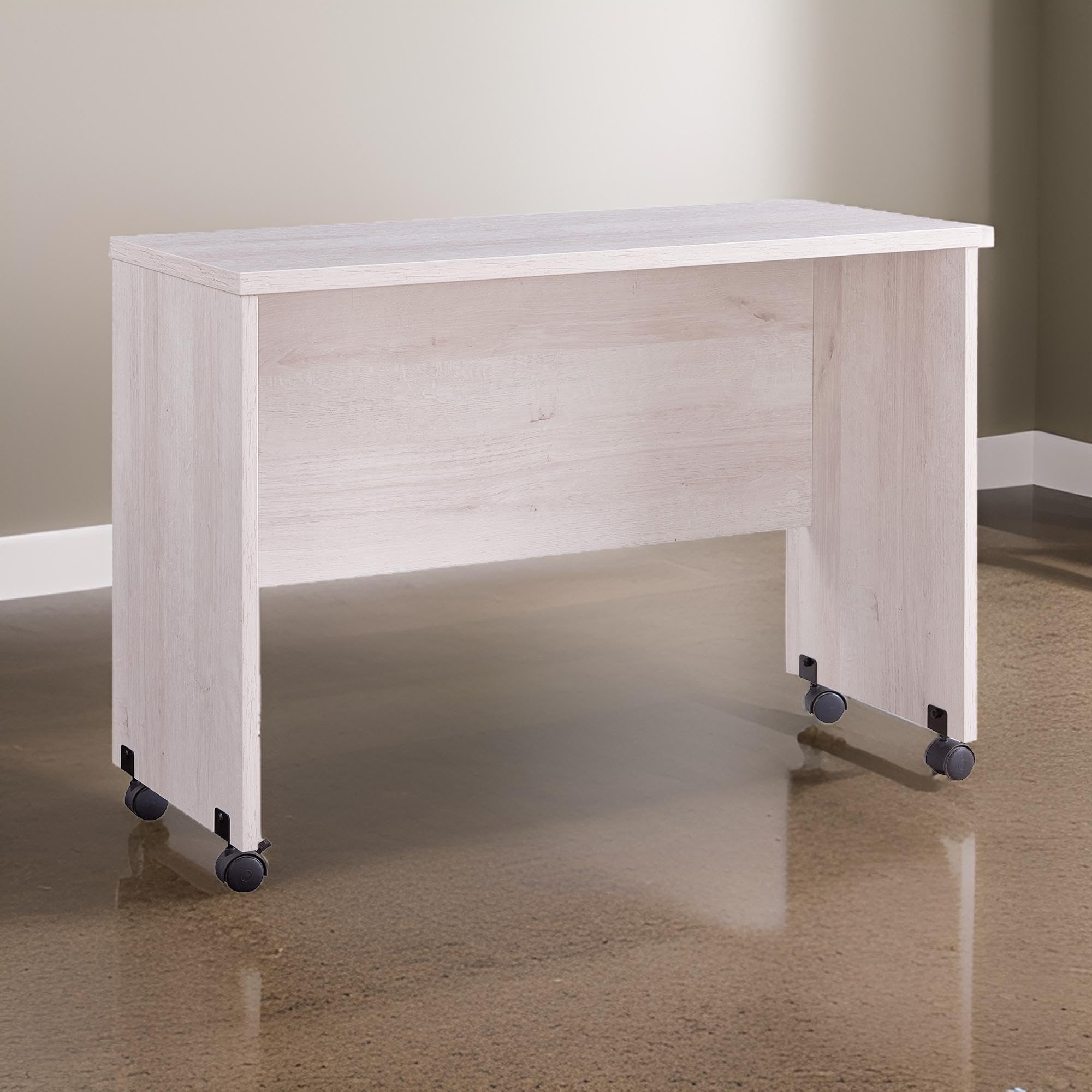 Benjara White Rectangular Wooden Desk with Casters & Grain Details - Home Office, Study, or Workspace Furniture for Modern Decor
