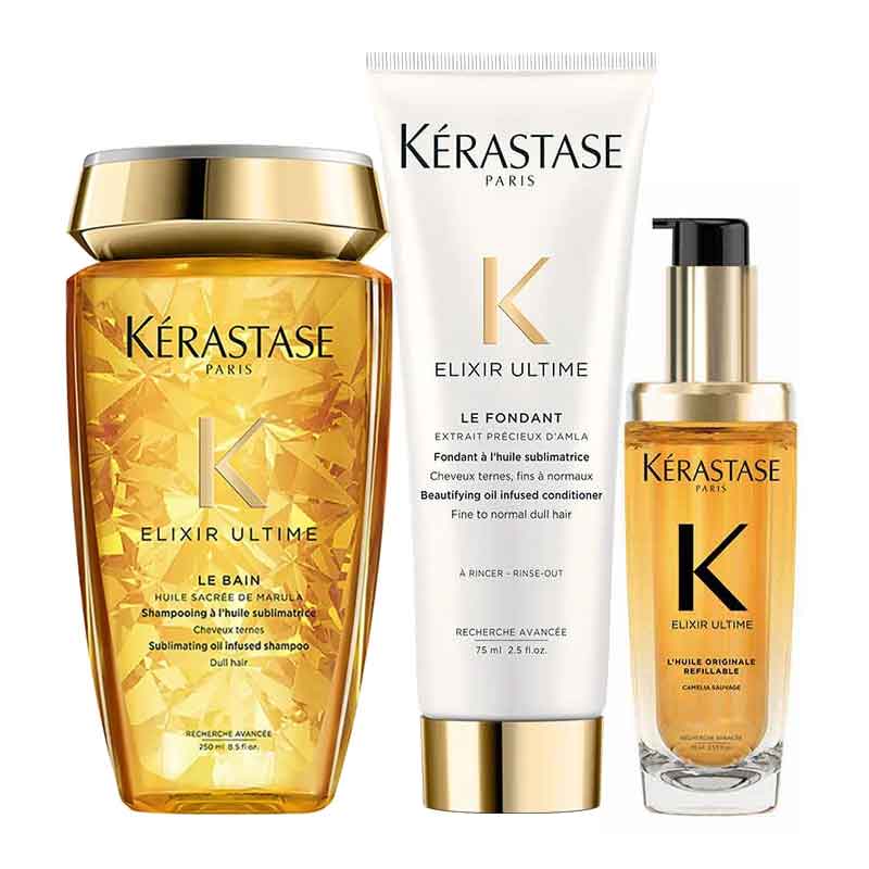 Kérastase Elixir Ultime Shampoo, Conditioner & Hair Oil Set - Hydrating & Nourishing Trio for Dry & Damaged Hair - Perfect for Daily Hair Care & Salon-Quality Treatment at Home