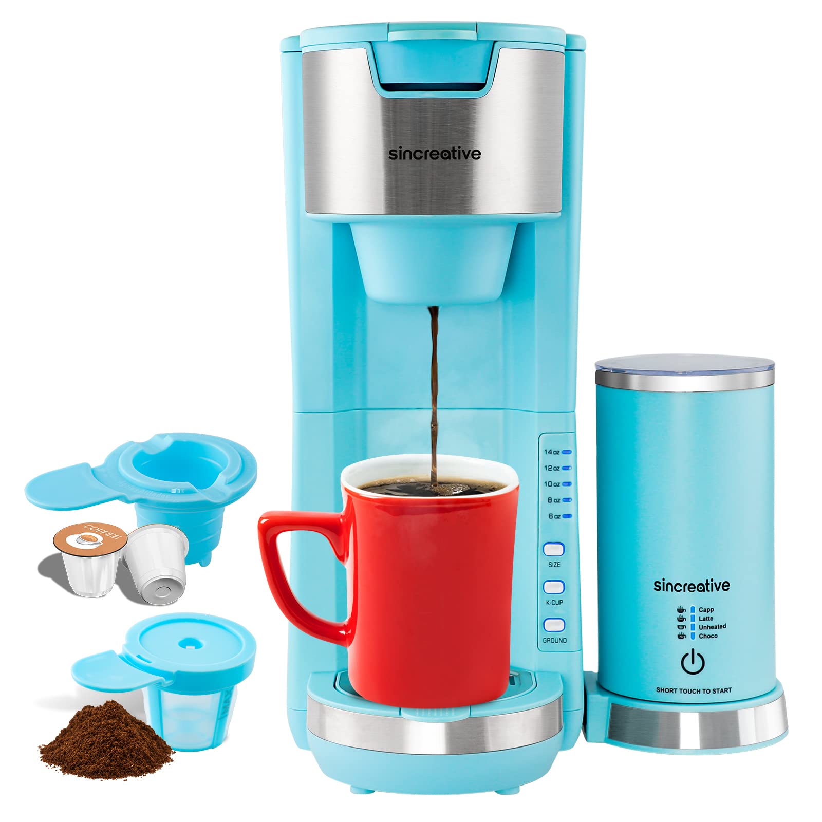 **2-in-1 Single Serve Coffee Maker with Milk Frother – Compatible with K-Cup Pods & Ground Coffee – Portable Cappuccino & Latte Machine – 30 oz Detachable Water Reservoir (Blue) – Perfect for Home, Office & Travel**