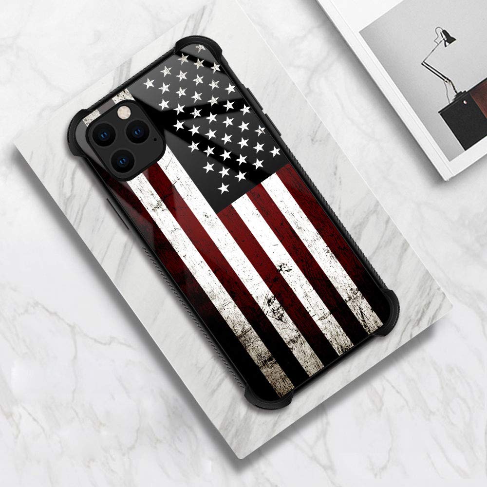 **American Flag iPhone 12 Mini Case – Black Grunge Design, Tempered Glass Back & Soft Silicone TPU Shockproof Cover – Perfect for Daily Use, Travel & Outdoor Protection**