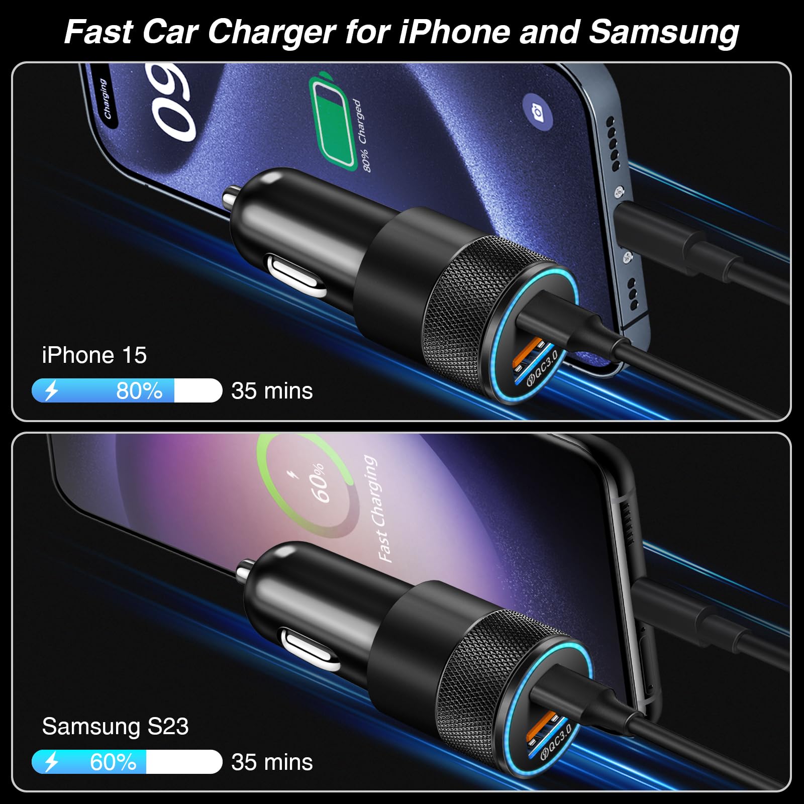 38W Dual Port USB C Car Charger Fast Charging Adapter - USB-C & USB-A Cigarette Lighter Charger for iPhone 16/15, Samsung S24, Pixel - Perfect for Road Trips & Daily Commutes