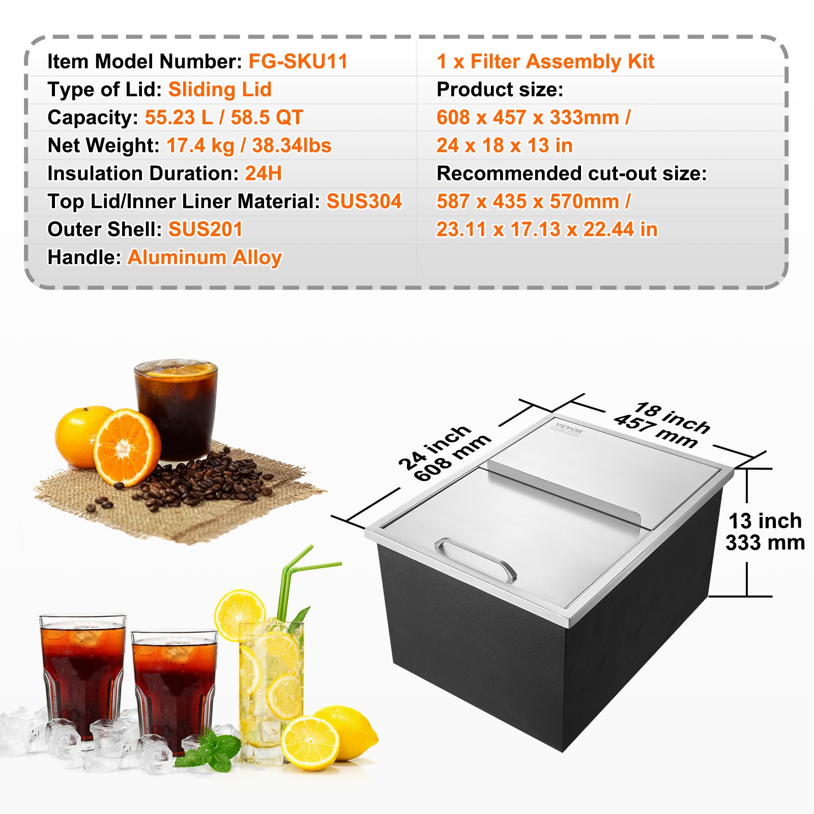 VEVOR 40.9 qt Stainless Steel Drop-in Ice Chest Cooler - 24