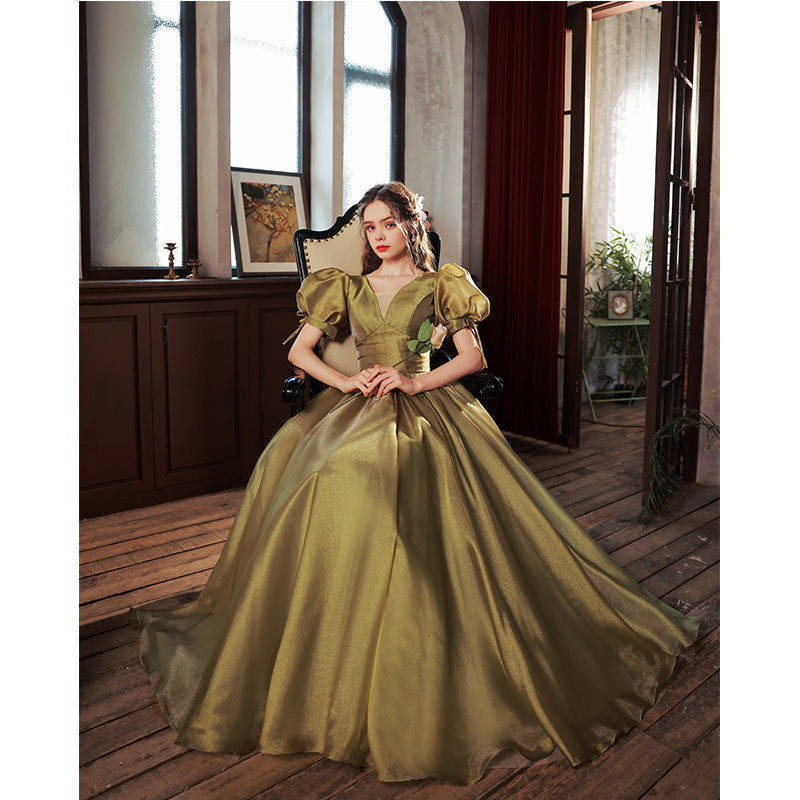 Elegant Green Puff Sleeves Satin Long Prom Dress Ball Gown for Evening Party | Formal Dance, Homecoming, Wedding Guest Dress