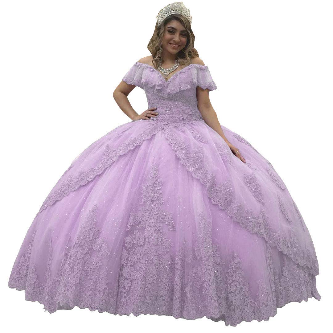 Emanni Women's Off-The-Shoulder Quinceañera Dress with Lace Appliques - Light Purple Ball Gown for Sweet 16, Prom, Wedding & Special Occasions