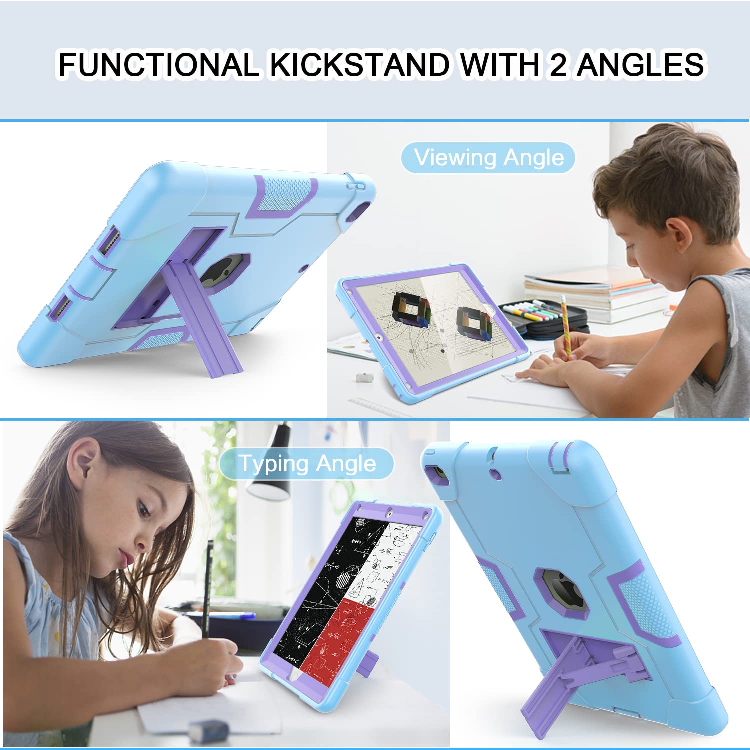 OKP Shockproof Rugged Case for iPad 6th/5th Generation & iPad Air 2 (9.7 inch) - Hybrid Protective Cover with Built-in Kickstand for iPad 9.7 inch 2017/2018 Models (Blue & Purple) | Perfect for Travel, Work, and School Use