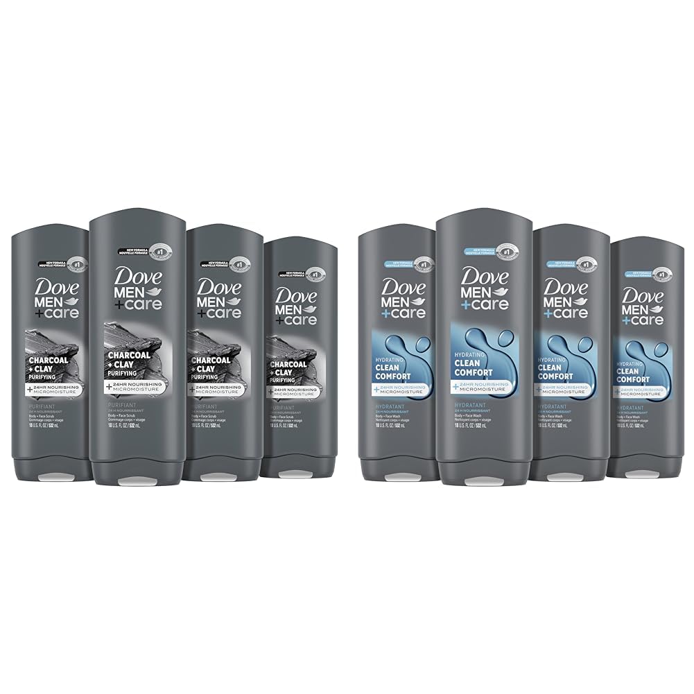 DOVE MEN + CARE Elements Body Wash Charcoal + Clay 4 Count and Clean Comfort 4 Count Body and Face Wash Bundle - 18 oz Men's Skincare Set for Deep Cleansing & Hydration - Perfect for Gym, Travel & Daily Shower Routine