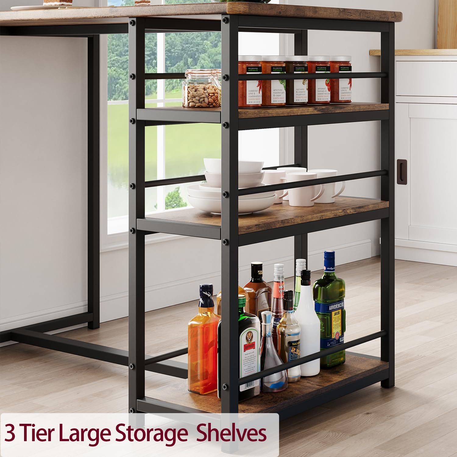 Rustic Brown 3-Piece Counter Height Kitchen Table Set with 3 Storage Shelves & 2 Upholstered Bar Stools - Space Saving Dining Set for Small Apartments, Breakfast Nook, Kitchen Island or Compact Dining Areas