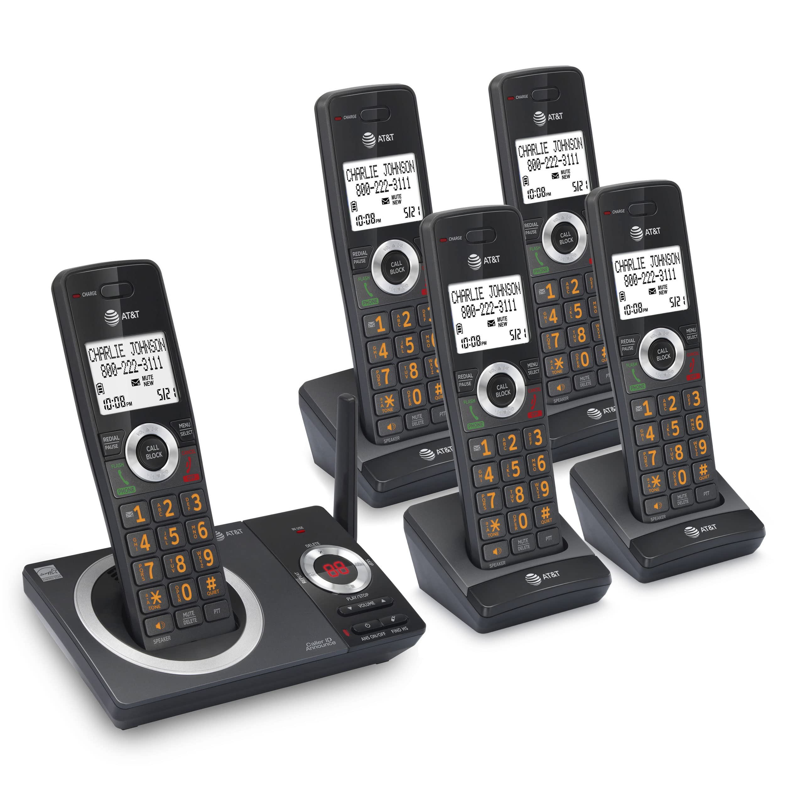 AT&T CL82519 DECT 6.0 5-Handset Cordless Phone System with Answering Machine, Call Blocking, Caller ID & Intercom - Long Range Coverage for Home & Office - Black | Ideal for Large Homes, Businesses & Home Offices with Multiple Rooms
