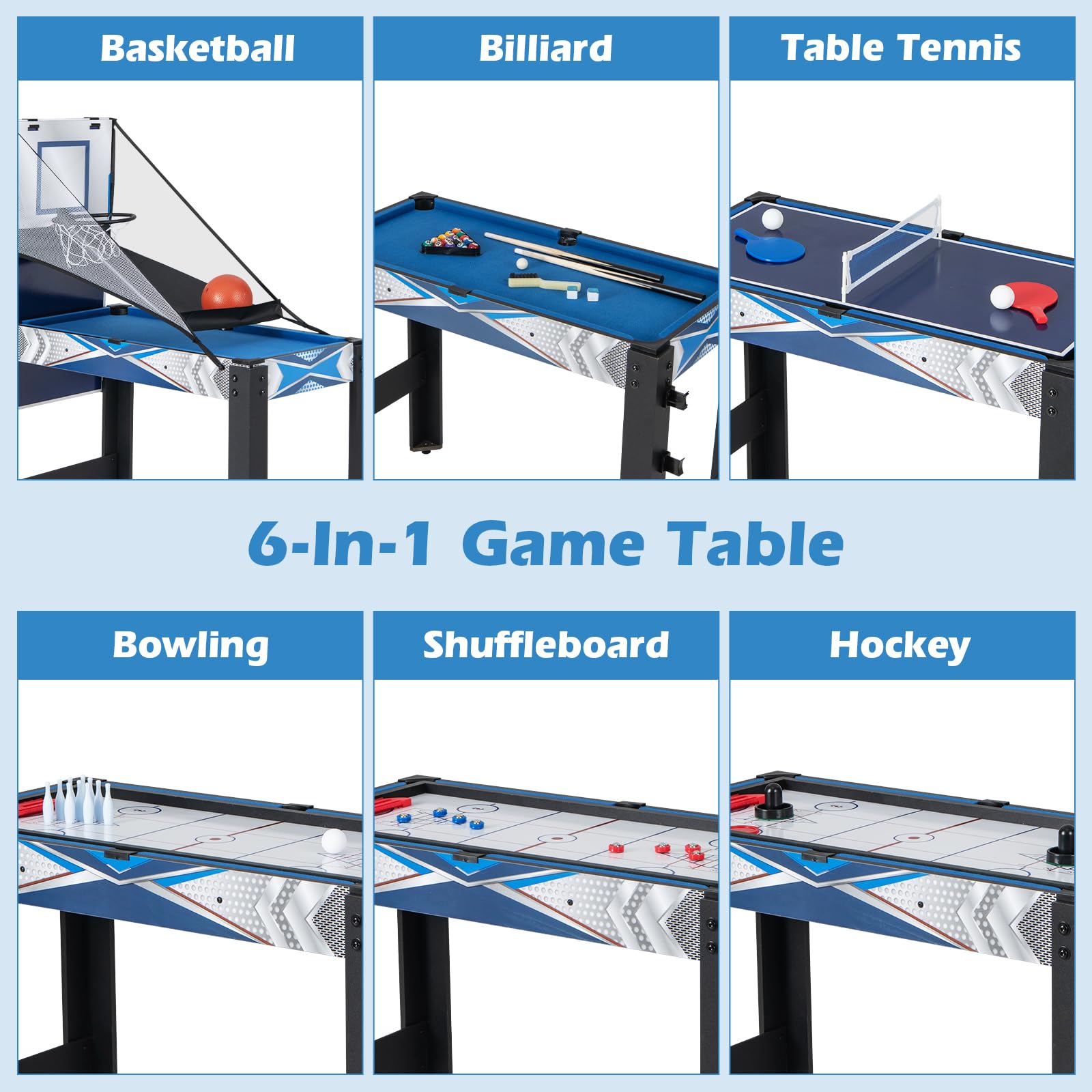 Goplus 6-in-1 Multi Game Table Set - Basketball, Billiards, Ping Pong, Air Hockey, Shuffleboard & Bowling - Space Saving Combo Game Table for Adults - Perfect for Game Rooms, Man Caves, Basements & Family Entertainment Centers