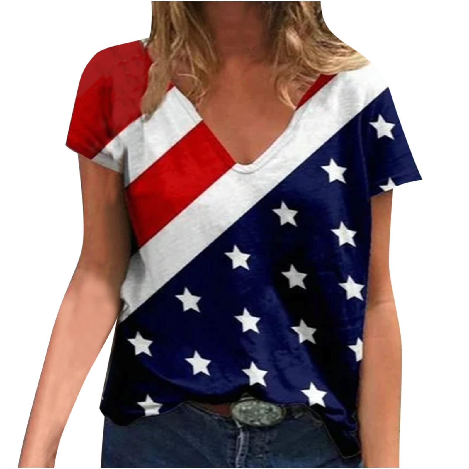 4th of July Women's American Flag T-Shirt - Patriotic Short Sleeve V-Neck Top for Independence Day | Perfect for BBQ, Fireworks & Summer Celebrations