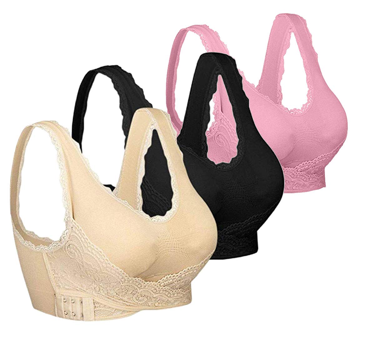 3 Pack Women's Sports Bras - Lace Front Cross Side Buckle Yoga Bralette with Removable Pads | High Support Workout, Running, Yoga & Gym Activewear
