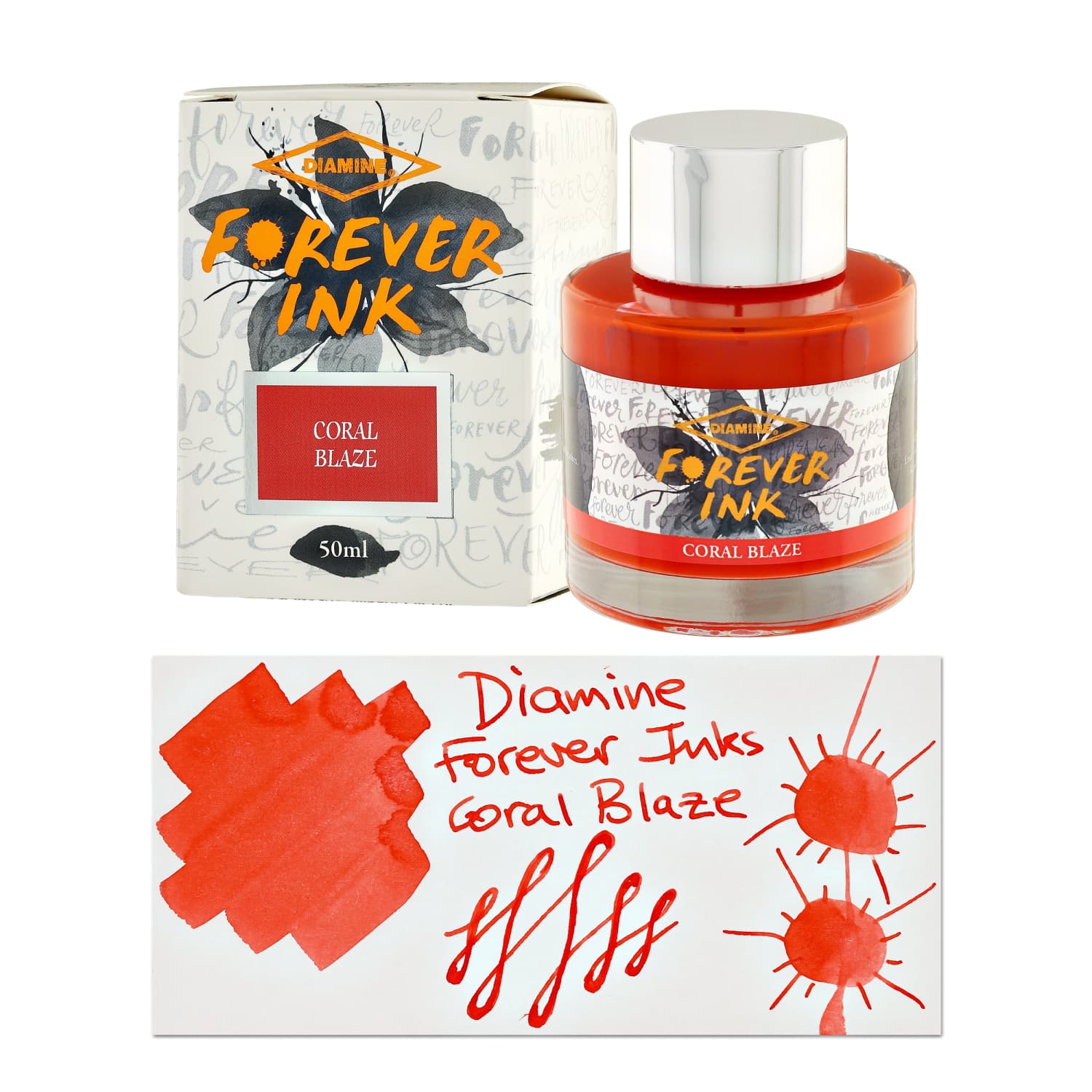 Diamine Forever Ink Bottled Ink - Coral Blaze (50ml) | Premium Fountain Pen Ink for Writing, Calligraphy & Art | Perfect for Journals, Letters & Creative Projects