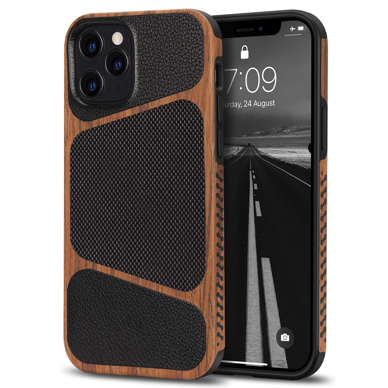 Tasikar iPhone 12 Pro Max Case - Wood Grain & Nylon Fabric Hybrid Slim Cover with Leather Design - Easy Grip Protective Phone Case (Black) - Perfect for Daily Use, Office & Travel Protection