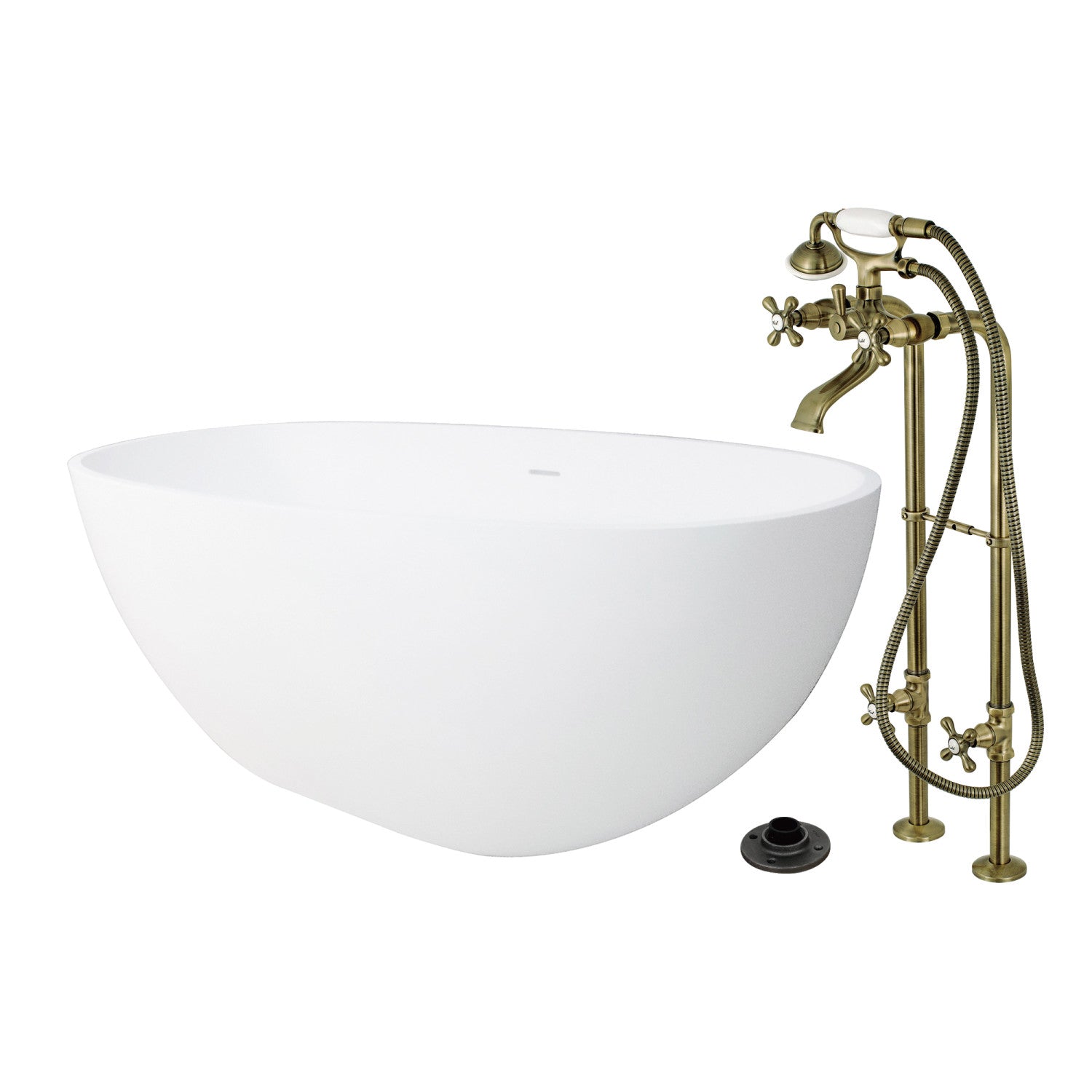 Arcticstone 65 Inch Freestanding Oval Bathtub with Antique Brass Faucet - Solid Surface Double Ended Soaking Tub for Luxury Bathroom - Perfect for Spa Relaxation and Modern Home Decor