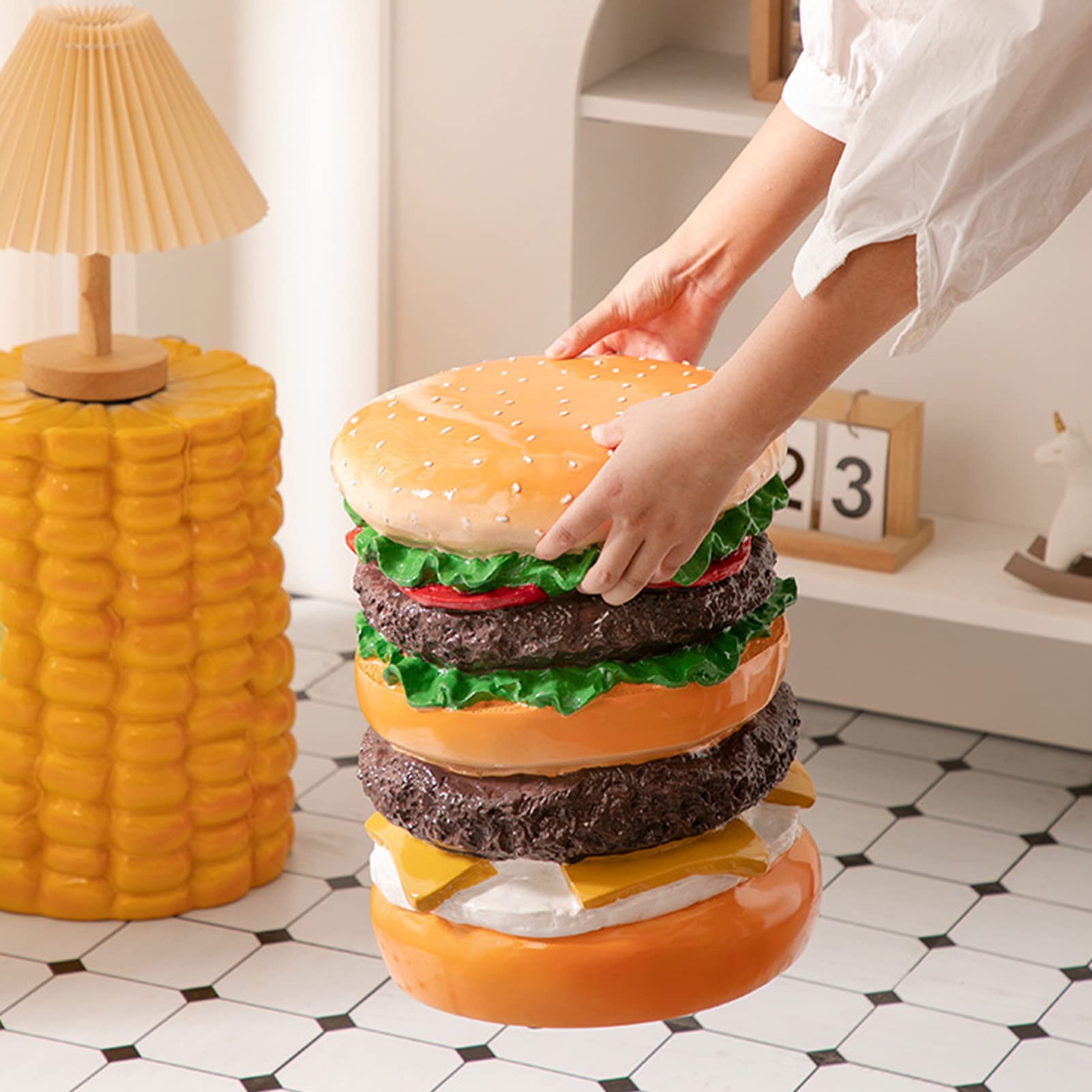 VINGVO Hand Painted Burger Foot Rest Stool - Cute & Stylish Small Ottoman for Living Room, Kitchen, Office - Perfect for Extra Seating, Foot Support & Home Decor
